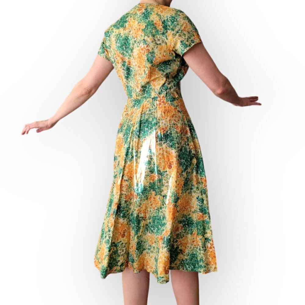 Vintage 1960s 1970s Floral Dress Green Orange Yellow Mad Men S/M Retro Outfit - Picture 13 of 15